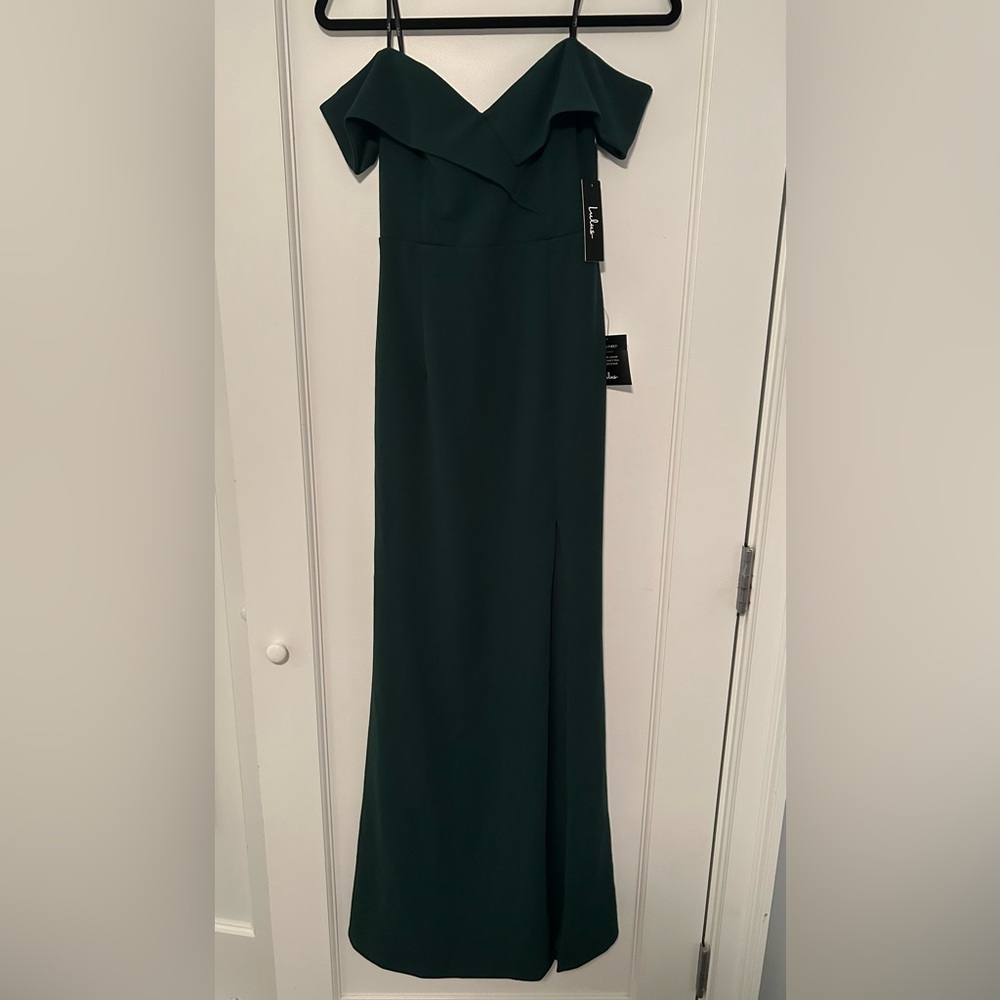 Lulus Forest Green, formal off the shoulder long dress,  size small.